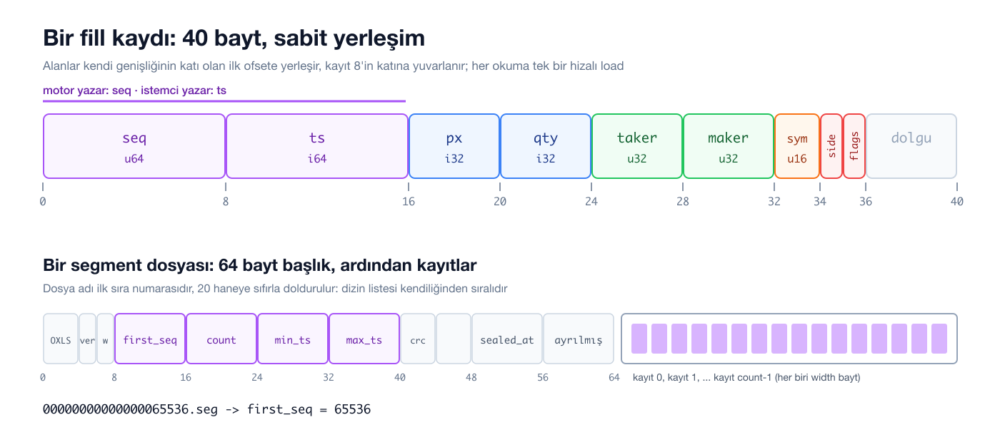 40 baytlık fill kaydının bayt yerleşimi ve 64 baytlık segment başlığı