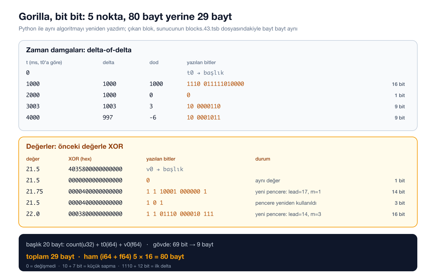 Gorilla kodlamasının bit bit izi: beş nokta 29 bayta iniyor