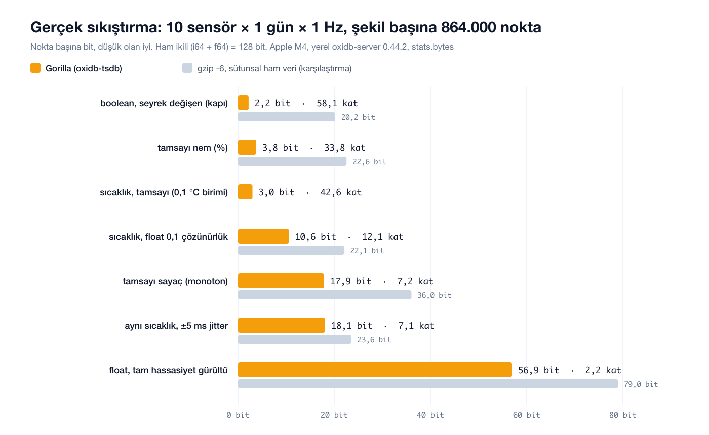 Altı veri şekli için nokta başına bit, Gorilla ve gzip karşılaştırması