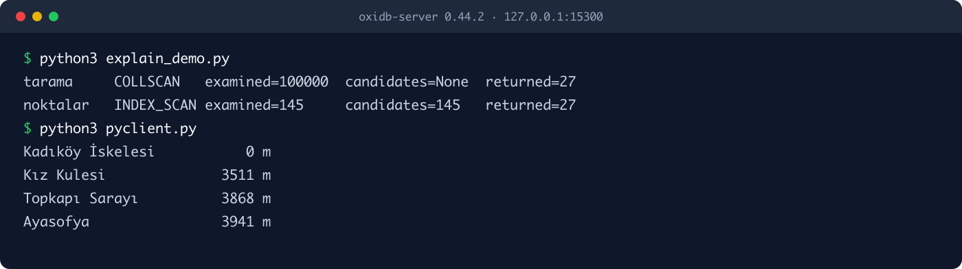 Gerçek terminal oturumu: index'siz ve index'li explain çıktısı ve Python istemcisiyle $geoNear