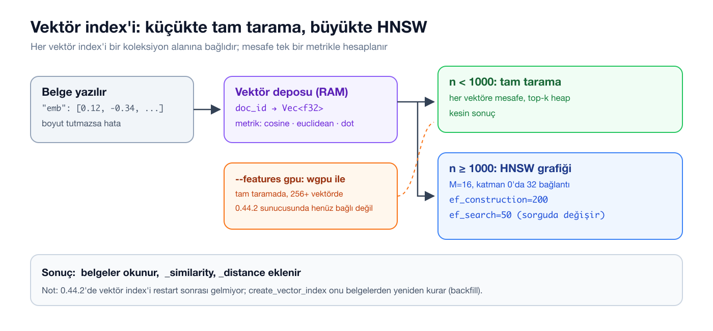 Vektör index'i: vektör deposu, 1000 altında tam tarama, üstünde HNSW, isteğe bağlı GPU