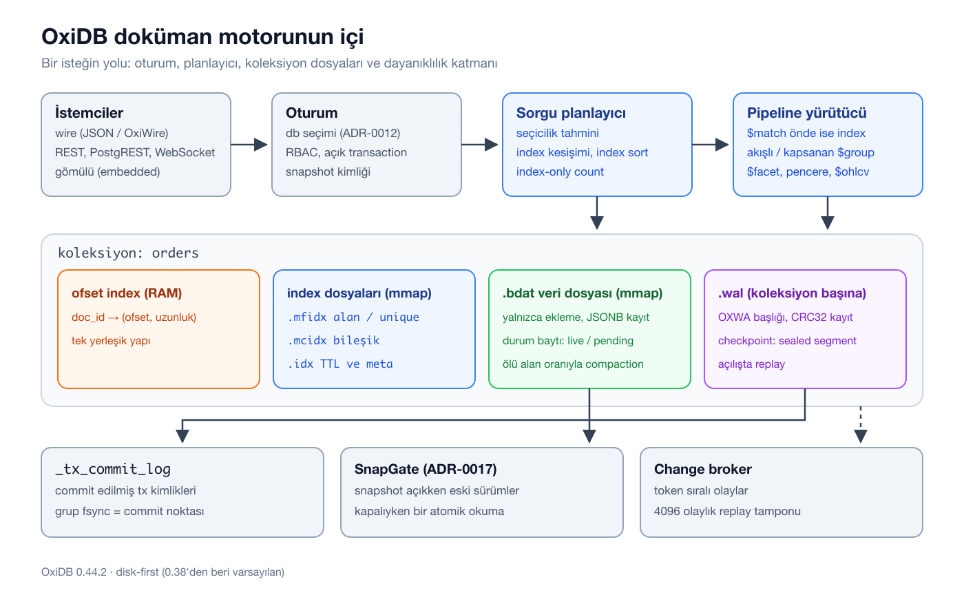 OxiDB doküman motorunun iç yapısı