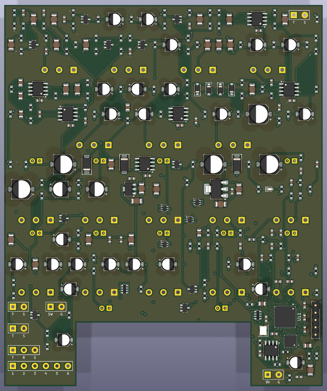 KAGAN A1 SMD kartının üstten 3D görünümü: solda ve ortada analog amfi katları, sağ altta STM32 ve ES8388 ile DSP bloğu