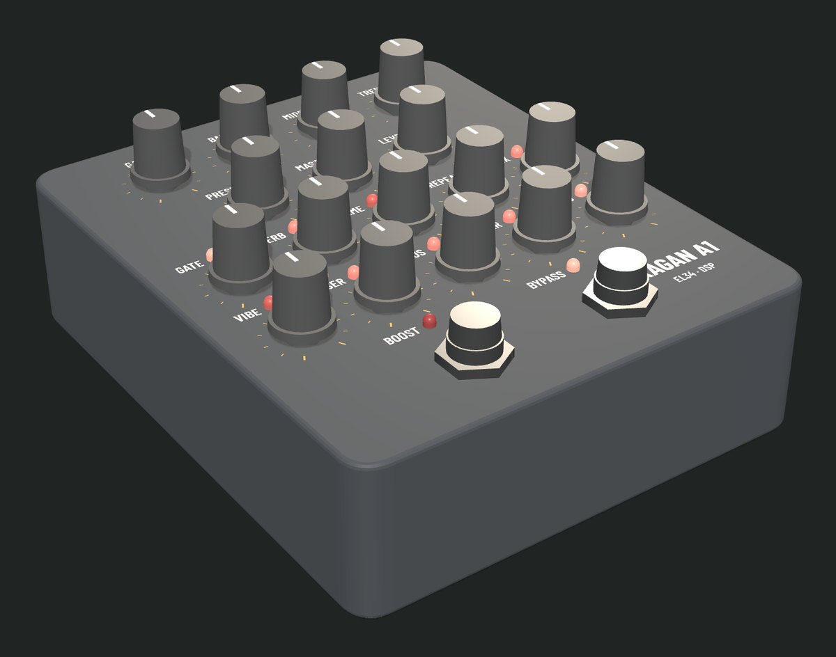 KAGAN A1'in Hammond 1590XX kutudaki 3D modeli: 17 düğme, düğme LED'leri, BOOST ve BYPASS footswitch'leri (henüz üretilmedi, render)