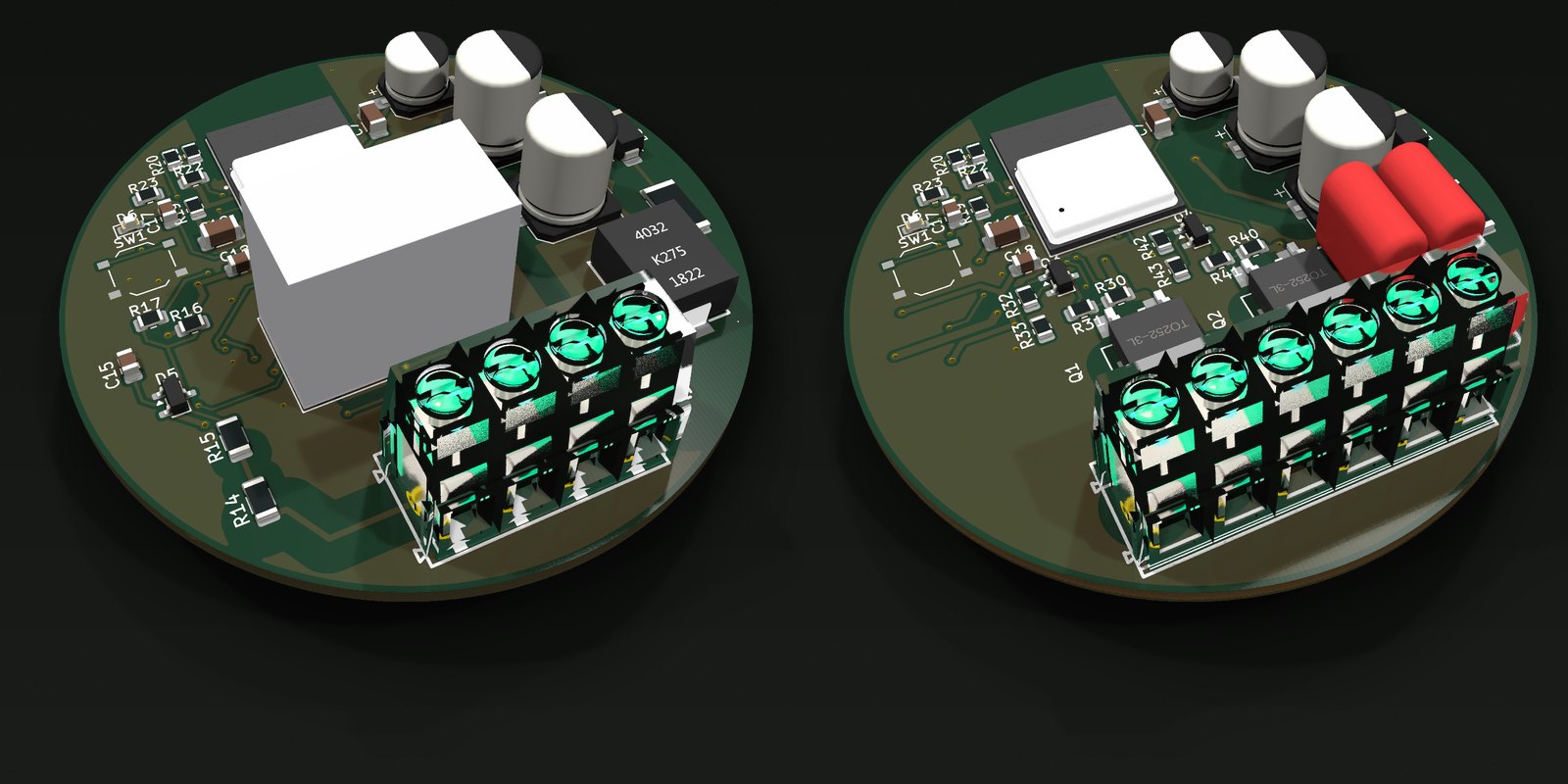 İki kartın açılı 3D görünümü: priz60'ta HF32FV rölesi ve 4'lü klemens, anahtar2'de iki BT136S TRIAC, iki X2 kondansatör ve 6'lı klemens