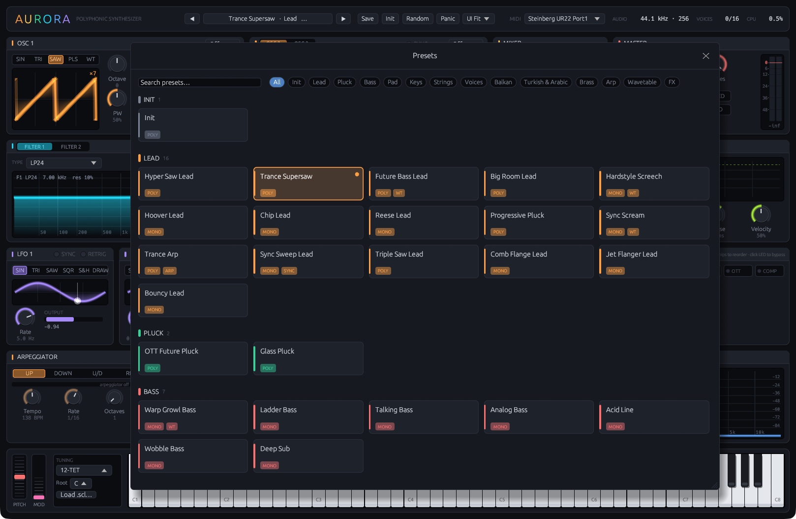 El explorador de presets: presets en las categorías Lead, Pluck y Bass, con filtros de categoría arriba