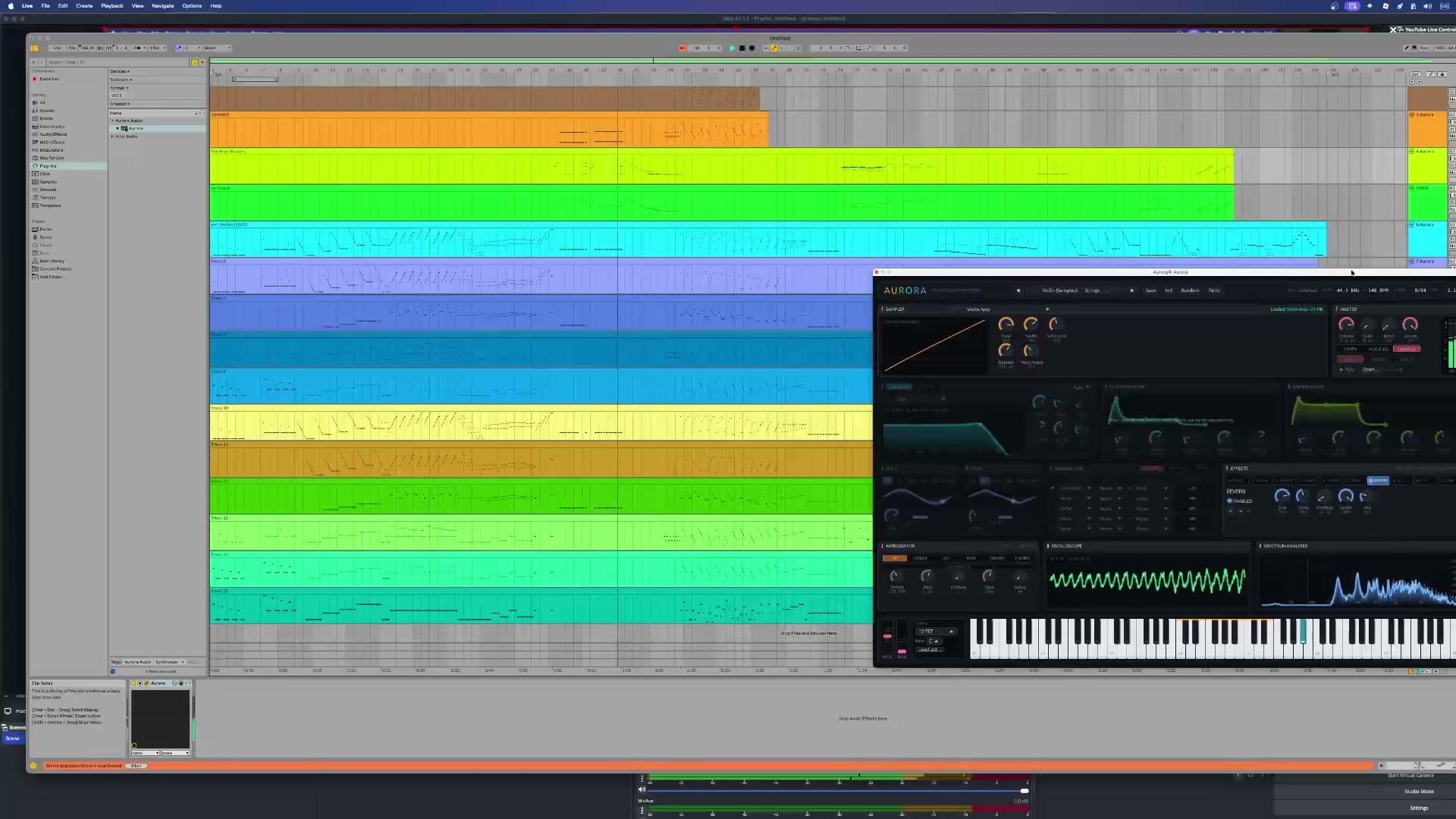 Una sesión de Ableton Live 12 donde cada pista es una instancia de Aurora; el sampler de violín de Aurora está abierto a la derecha